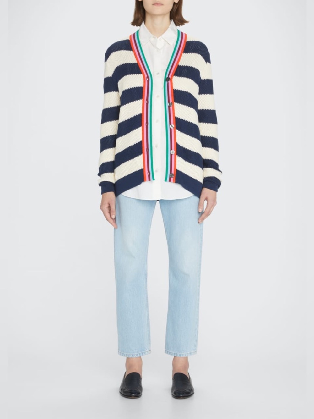 KULE Raven Striped Cardigan Sweater Small Navy Ivory Rainbow Trim Cotton